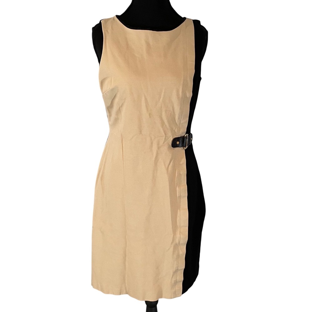 Lauren Ralph Lauren Tan Black Colorblock Buckle Sheath Dress Womens 8 Sleeveless
